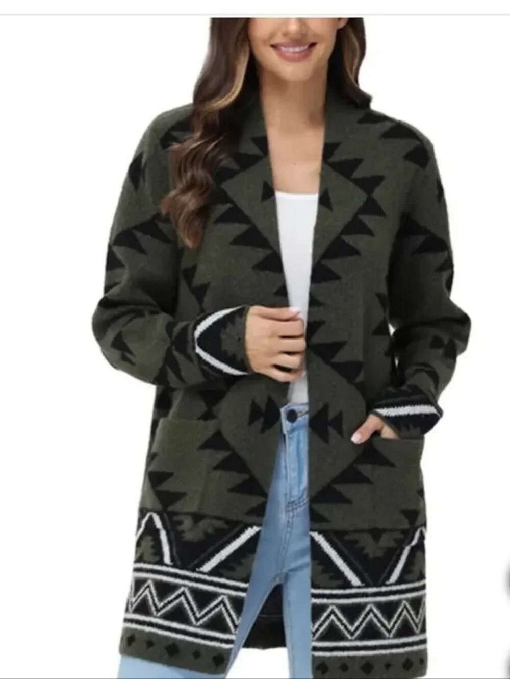 Frye The Cozy Cardigan in Burnt Olive Combo Aztec Print Size Small